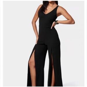 Bebe Women's XL Black V-Neck Jumpsuit with Open Leg Slits
